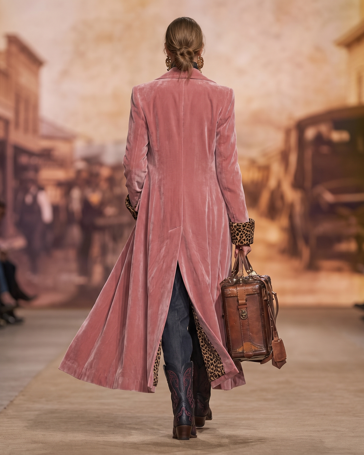 Rückansicht des rosa Samtmantels mit langem Schlitz und fließendem Saum, getragen mit Jeans, Stiefeln und brauner Ledertasche. 4