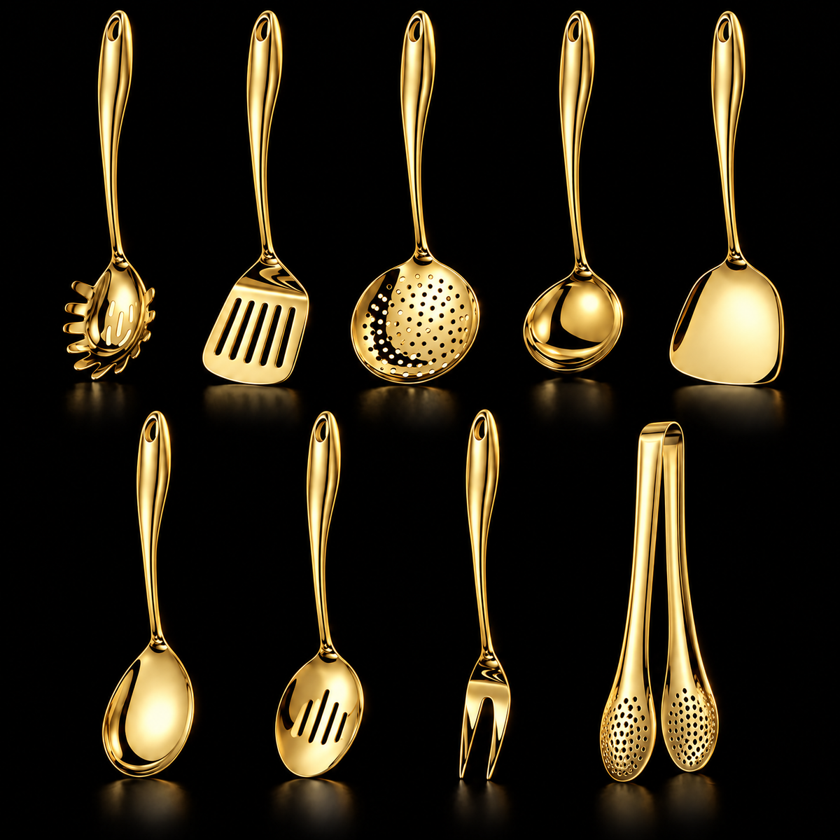 Neunteiliges Set in goldener Ausführung auf schwarzem Hintergrund, in zwei Reihen mit Schaumkelle, Gabel, Löffeln und Zange. 17