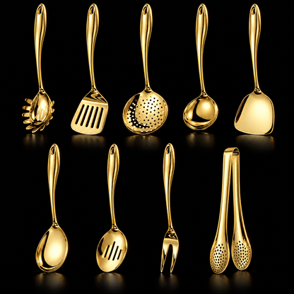 Neunteiliges Set in goldener Ausführung auf schwarzem Hintergrund, in zwei Reihen mit Schaumkelle, Gabel, Löffeln und Zange. 17