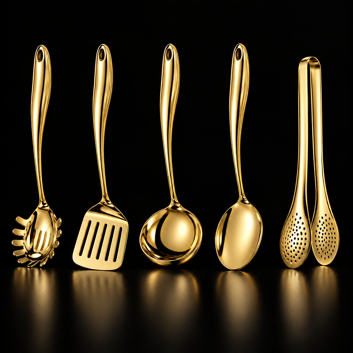 Fünfteiliges Set in goldener Ausführung auf schwarzem Hintergrund mit Pastalöffel, Wender, Kelle, Servierlöffel und Zange. 16