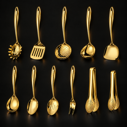 Elfteiliges Set in goldener Ausführung auf dunklem Hintergrund, zwei Reihen mit Kellen, Löffeln, Gabel, Wendern und zwei Zangen. 18