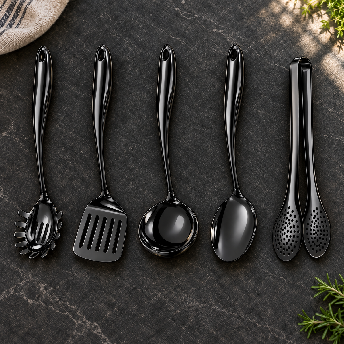 Fünf schwarze Küchenhelfer in einer Reihe auf dunklem Stein: Spaghettilöffel, Wender, Kelle, Löffel und Zange, mit Kräutern und Tuch. 28