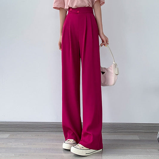 Damen Hose | Hohe Taille | Einfarbig | Lockere Schnitt | Knöpfen-Rosa-S-Luzern Mode