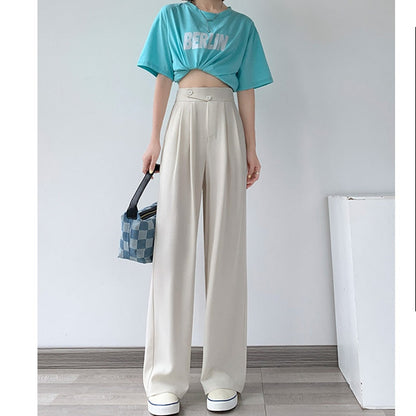 Damen Hose | Hohe Taille | Einfarbig | Lockere Schnitt | Knöpfen-Weiß-S-Luzern Mode