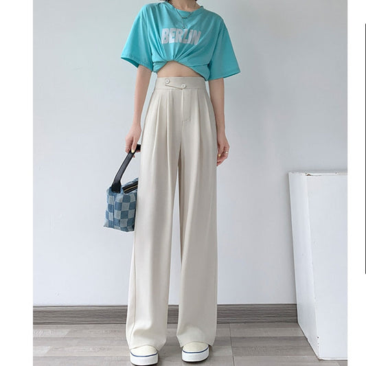 Damen Hose | Hohe Taille | Einfarbig | Lockere Schnitt | Knöpfen-Weiß-S-Luzern Mode