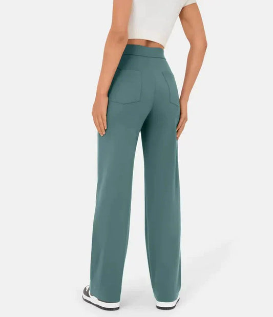 Damenhose hoch tailliert, elastisch, grün, casual, bequem, Freizeitmode, Rückansicht.