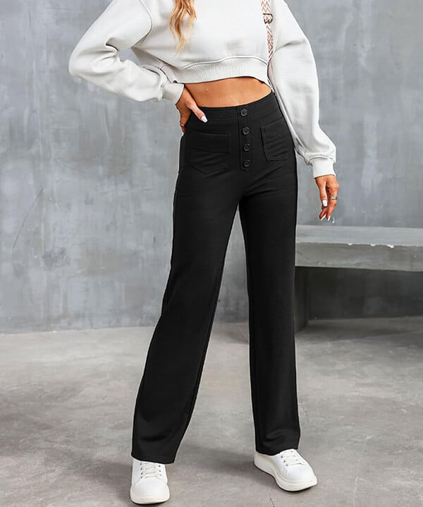 Damen High-Waist Hose, schwarz, elastisch, casual, mit Knöpfen, ideal für Freizeitkleidung.