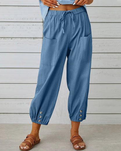 Damenhose | Hoch Tailliert | Locker | Einfarbig | Baumwolle | Leicht-Blau-S-Luzern Mode