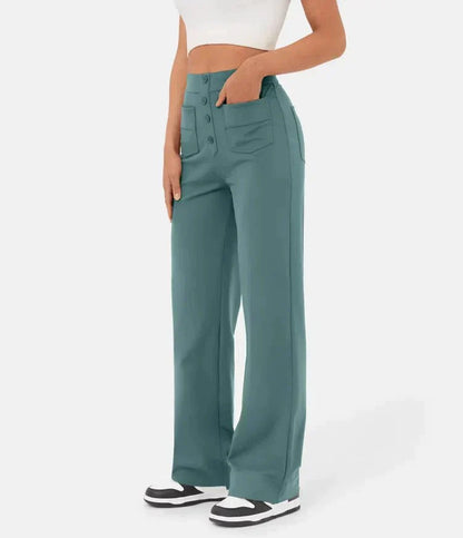 Damenhose hoch tailliert, elastisch, grün, casual, mit Taschen, ideal für Freizeitkleidung.