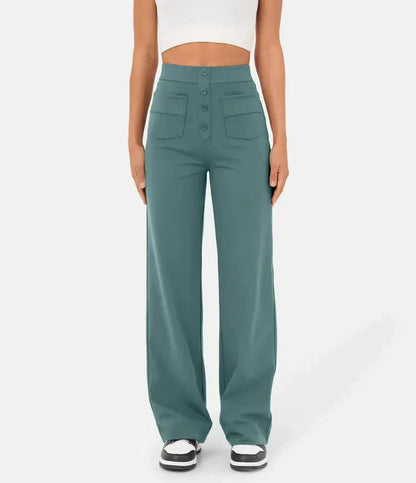 Damenhose hoch tailliert, elastisch, grün, lässig, modisch, bequem, Freizeitkleidung.