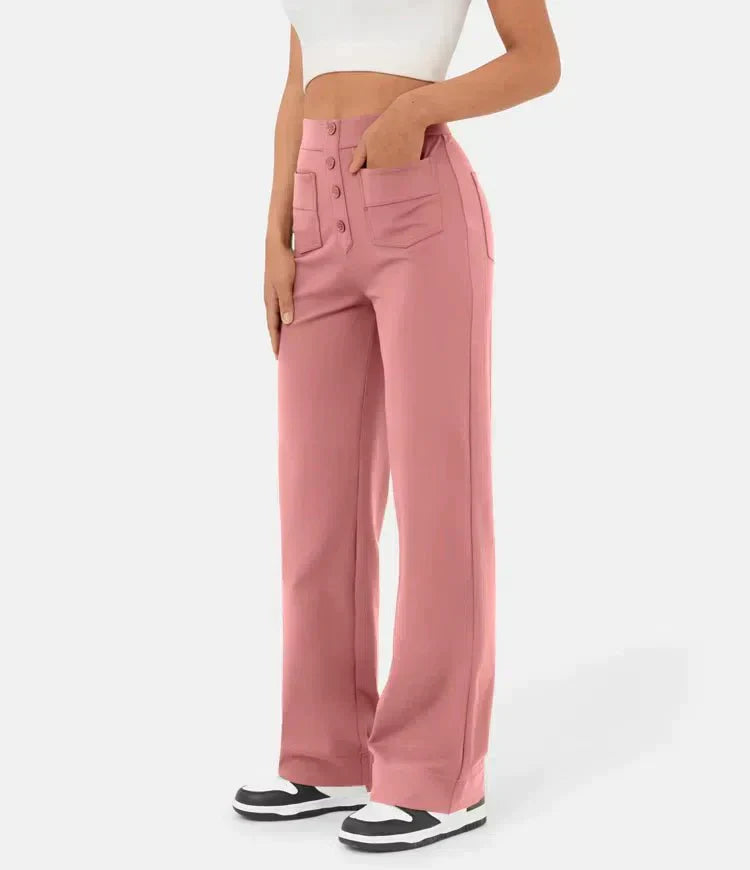 Damenhose rosa, hoch tailliert, elastisch, casual, mit Knöpfen, Taschen, modisch, bequem.