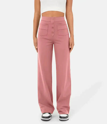 Damenhose hoch tailliert rosa, elastisch, lässig, mit Knöpfen, ideal für Freizeitmode.