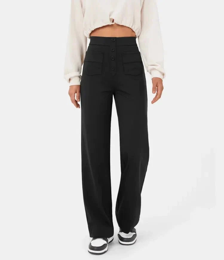 Damen High-Waist Hose, schwarz, elastisch, casual, mit Knöpfen, ideal für Freizeitkleidung.