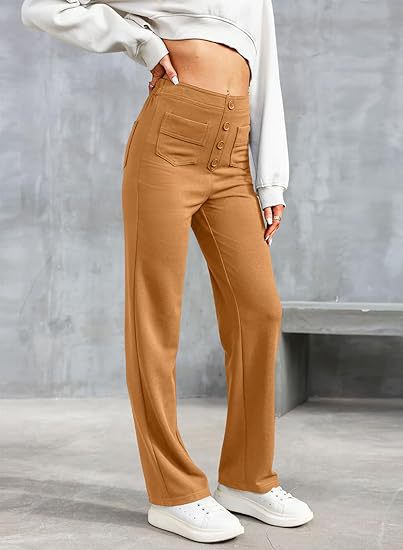 Damenhose, hoch tailliert, elastisch, beige, lässig, Knopfleiste, modisch, bequem.