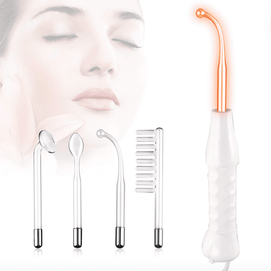 Hochfrequenzgerät mit Elektrodenaufsätzen, Gesichtspflege, Anti-Aging, Hautstraffung, Weiß.
