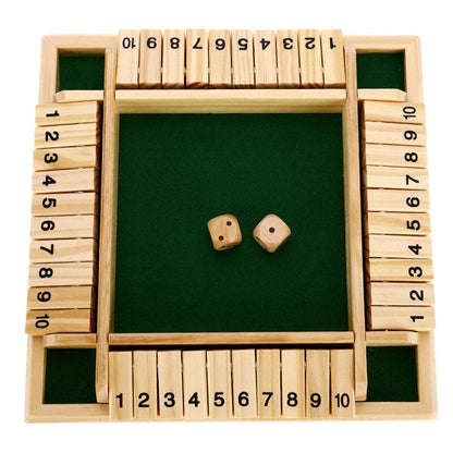 Holzspiel Shut the Box, grünes Filzbrett, nummerierte Klappen, zwei Würfel, Familienspiel.
