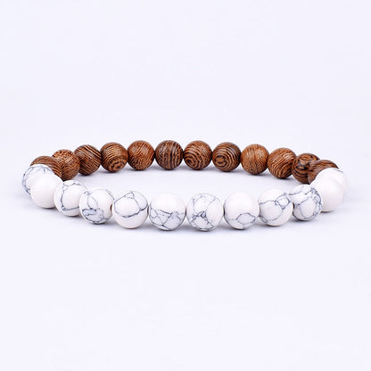 Armband aus weißen Howlith- und braunen Holzperlen, Schmuck, Unisex, modisch, handgefertigt.