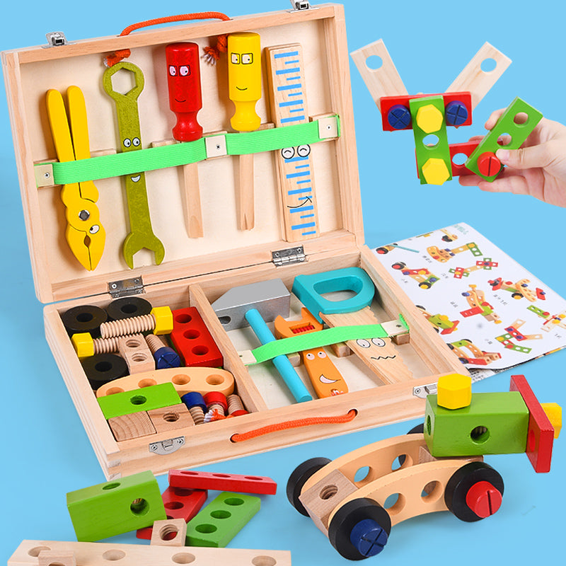 Holzspielzeug-Baukasten für Kinder, bunte Werkzeuge und Bausteine, pädagogisches Spielzeug.