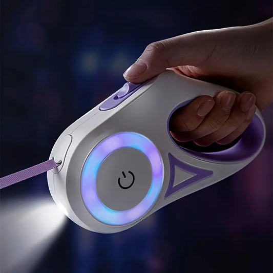 LED-Hundeleine mit Taschenlampe, weiß-lila, ergonomisch, für Nachtspaziergänge.