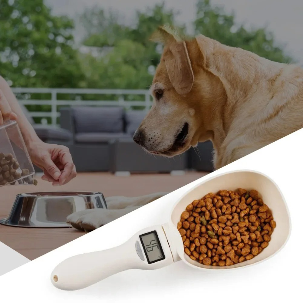Digitale Futterschaufel mit Waage, weiß, für Hunde, präzise Portionierung, Haustierbedarf.