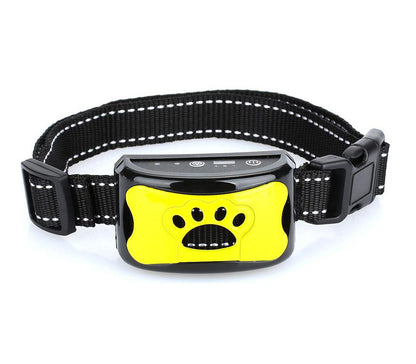 Gelbes Anti-Bell-Halsband für Hunde, verstellbar, mit schwarzem Nylonband und Pfotenmotiv.