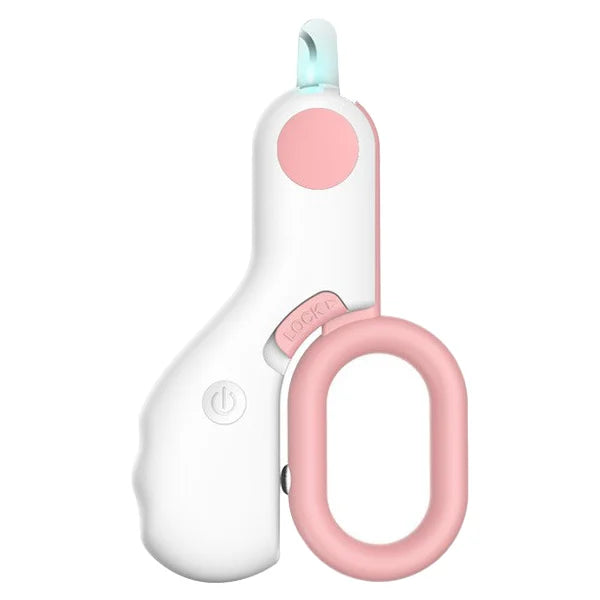 Tragbarer weiß-rosa Hundekotbeutelspender mit LED-Licht und Haken für unterwegs.