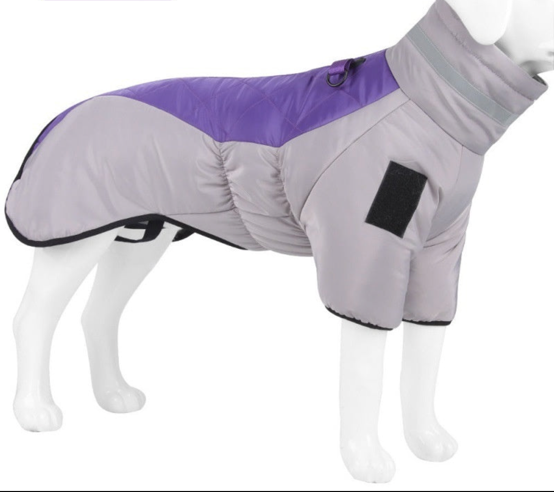 Lila-grauer Hundemantel, wasserdicht, reflektierend, für kaltes Wetter, Outdoor-Hundebekleidung.
