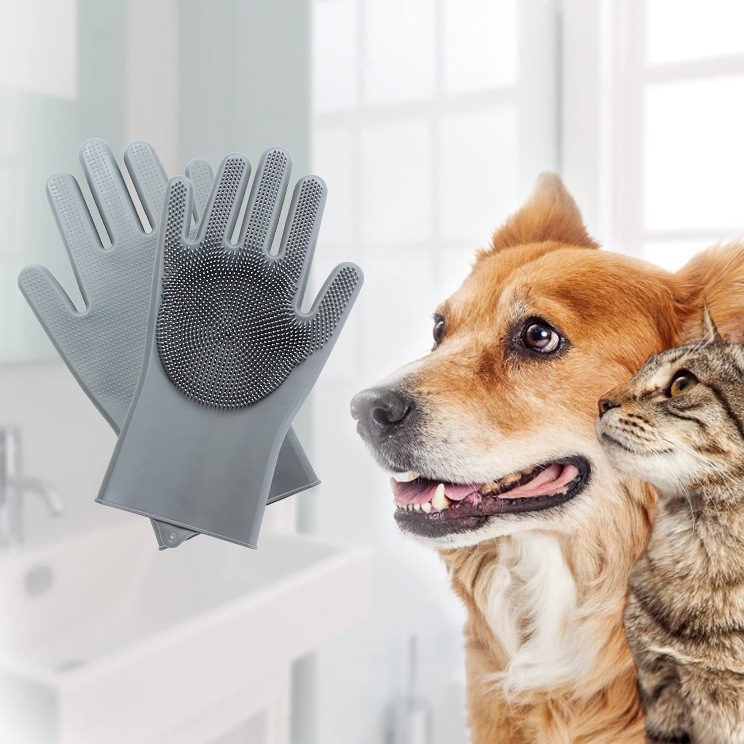 Graue Silikon-Hundebürstenhandschuhe, Haustierpflege, rutschfest, für Hunde und Katzen.