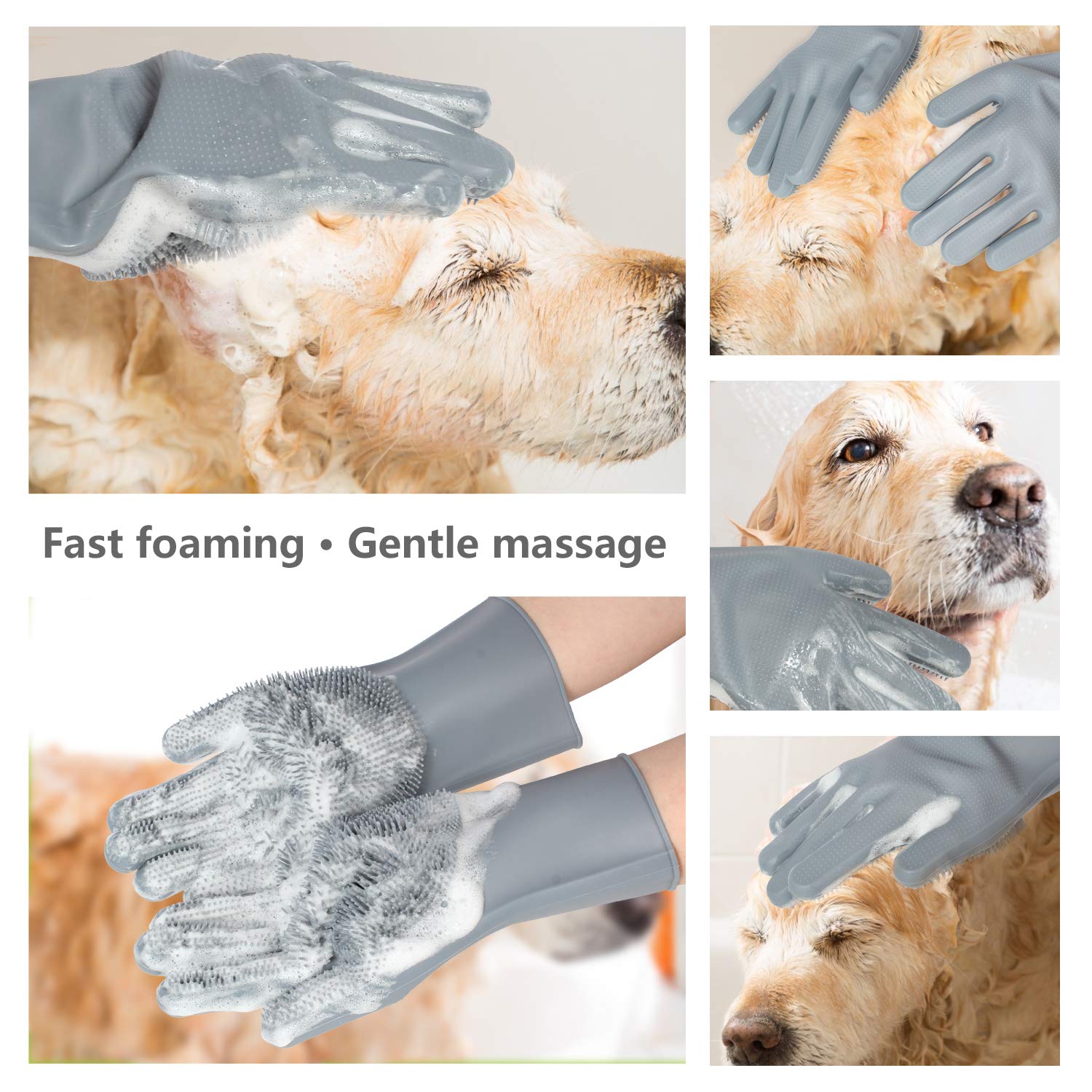 Graue Hundebürstenhandschuhe, Silikon, für sanfte Massage und schnelles Schäumen beim Baden.