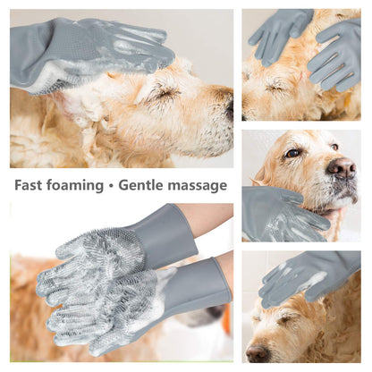 Graue Hundebürstenhandschuhe, Silikon, für sanfte Massage und schnelles Schäumen beim Baden.