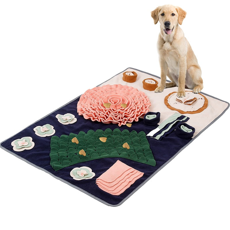 Hund mit Schnüffelteppich, rosa und grün, interaktives Hundespielzeug, Beschäftigungsmatte.