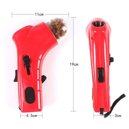 Roter Hundeleckerli-Spender, Kunststoff, 19cm, mit Griff und Auslöser, ideal für Training.