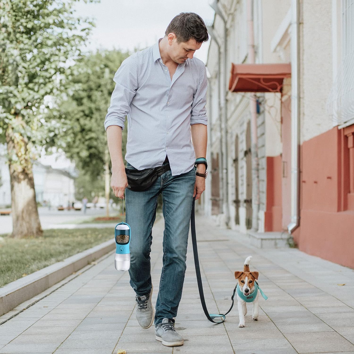 Mann mit tragbarer blauer Hundewasserflasche spaziert mit kleinem Hund auf Gehweg.