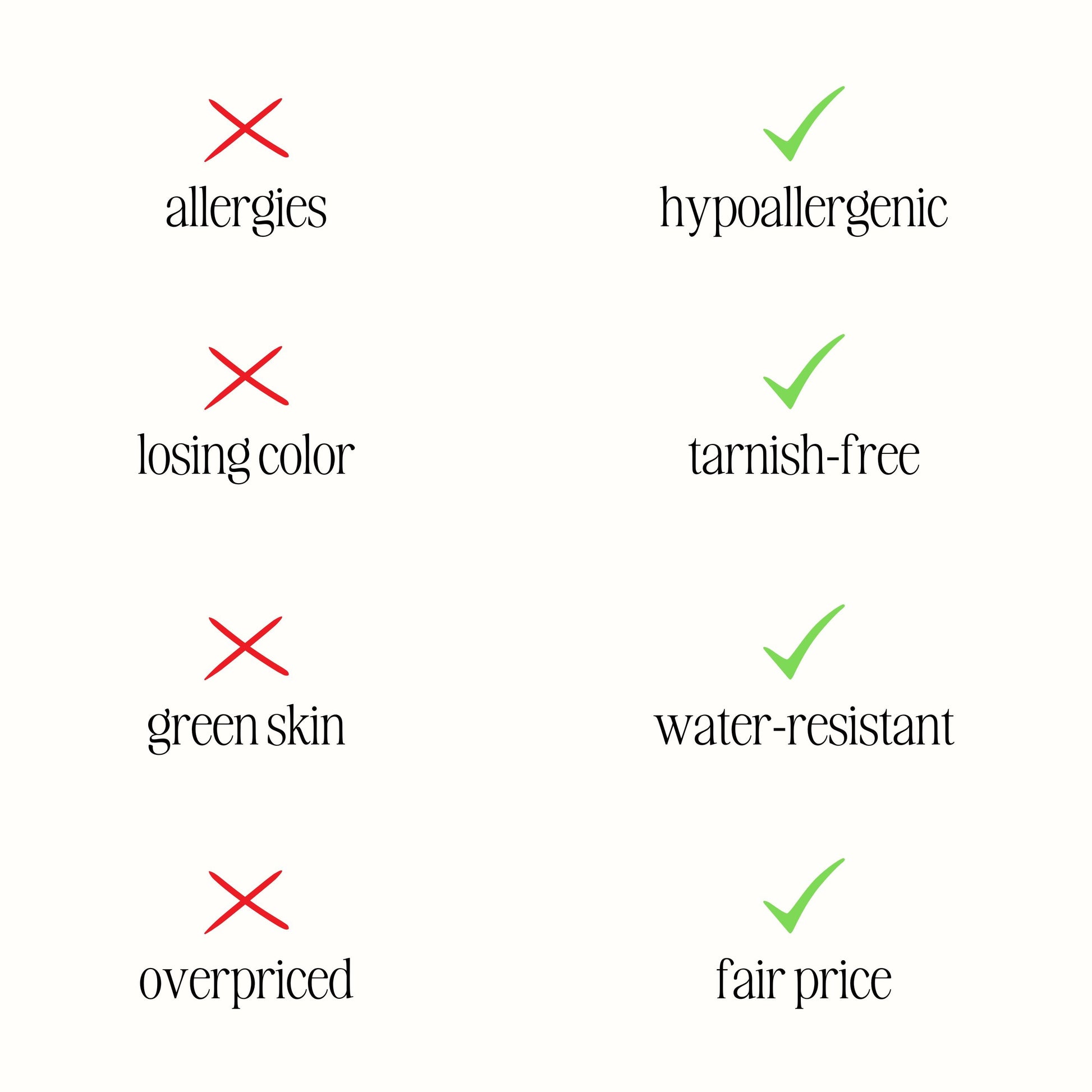 Hypoallergenischer, wasserfester Schmuck, anlaufgeschützt, fairer Preis, keine Allergien.