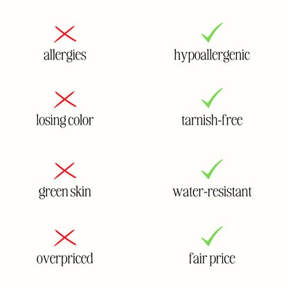 Hypoallergenischer, wasserfester Schmuck, anlaufgeschützt, fairer Preis, keine Allergien.