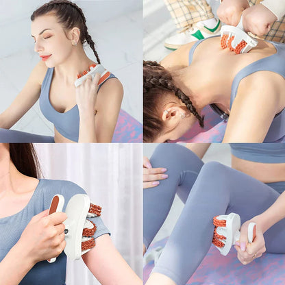 Frau benutzt Massagegerät für Nacken, Schultern und Beine, weiß-orange, Fitness, Entspannung.