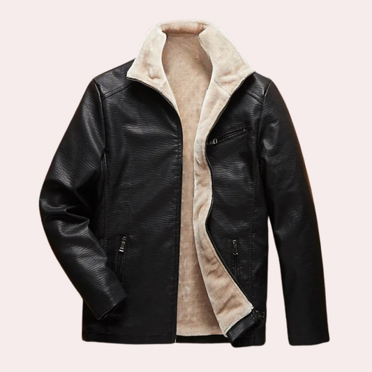 Schwarze Lederjacke mit beigem Futter, Reißverschluss, modisch, warm, Herrenbekleidung.
