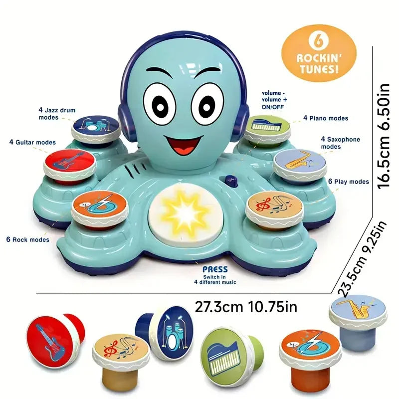 Spielzeug-Oktopus-Musikset, blau, mit Trommeln und Instrumenten, interaktiv, für Kinder.