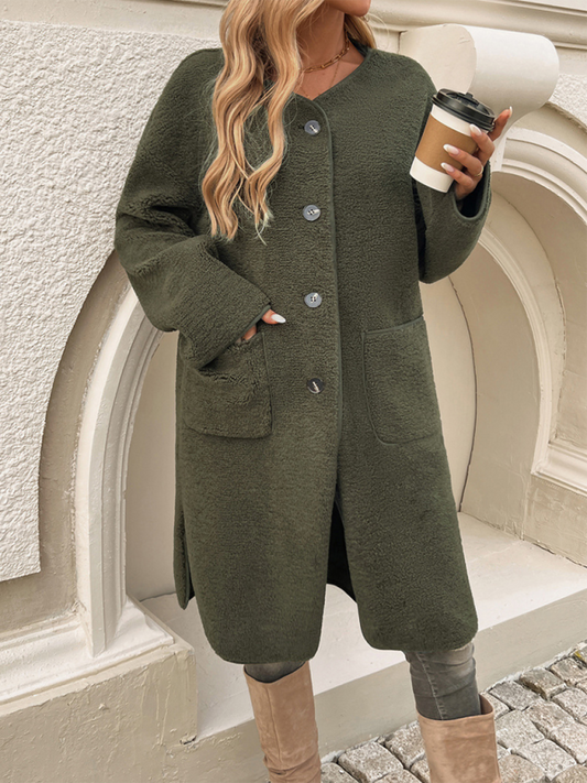 Lang Fleece Damenjacke Mit Knopfverschluss – Elara