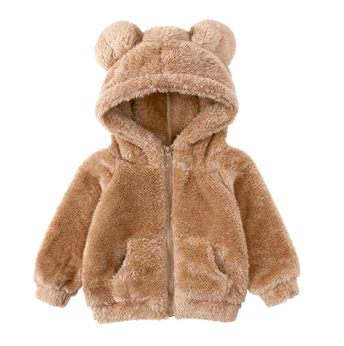 Braune Plüsch-Kinderjacke mit Kapuze und Bärenohren, Reißverschluss, warm, gemütlich.