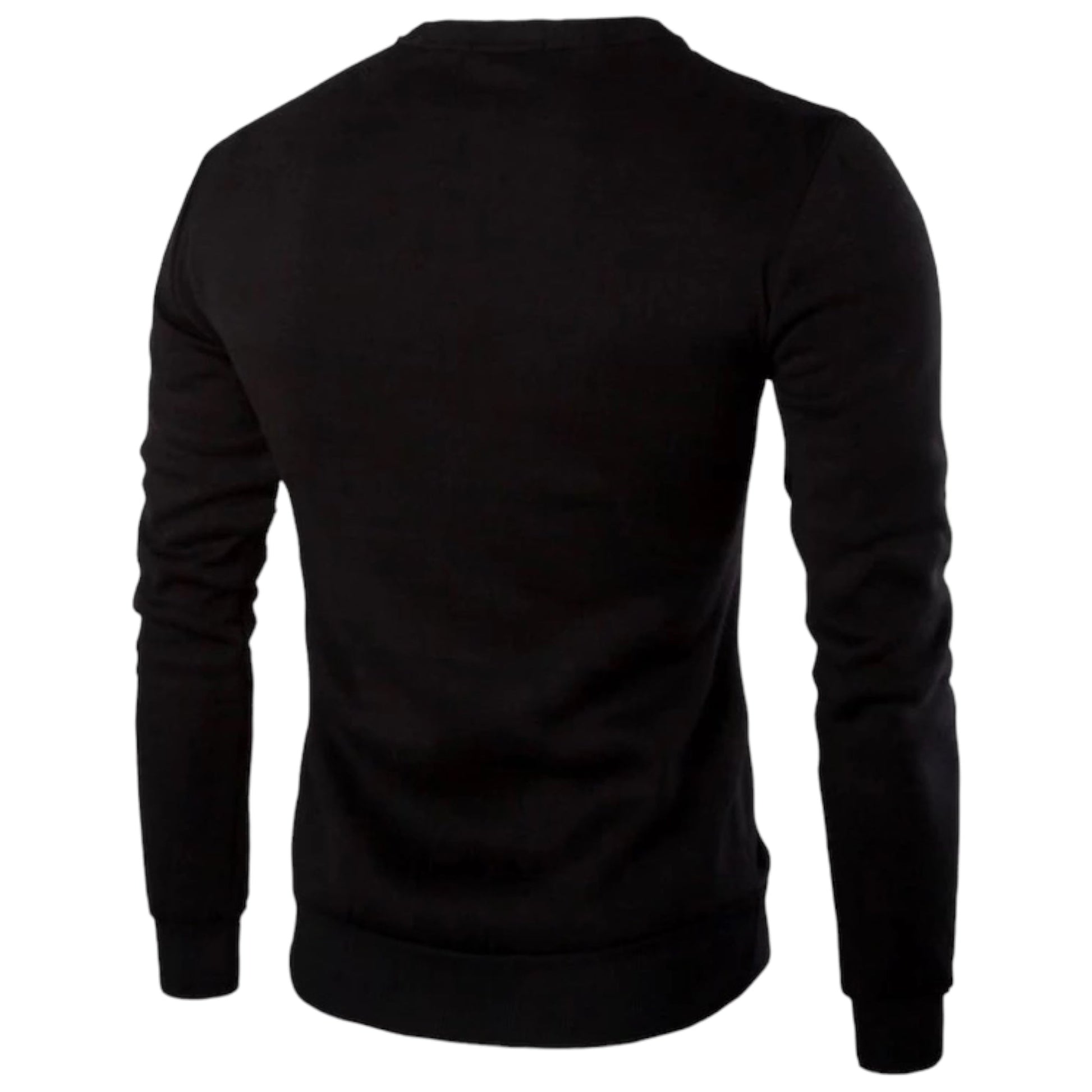 Schwarzer Herrenpullover, langärmelig, Baumwolle, Rückansicht, modisch, bequem, Freizeitkleidung.