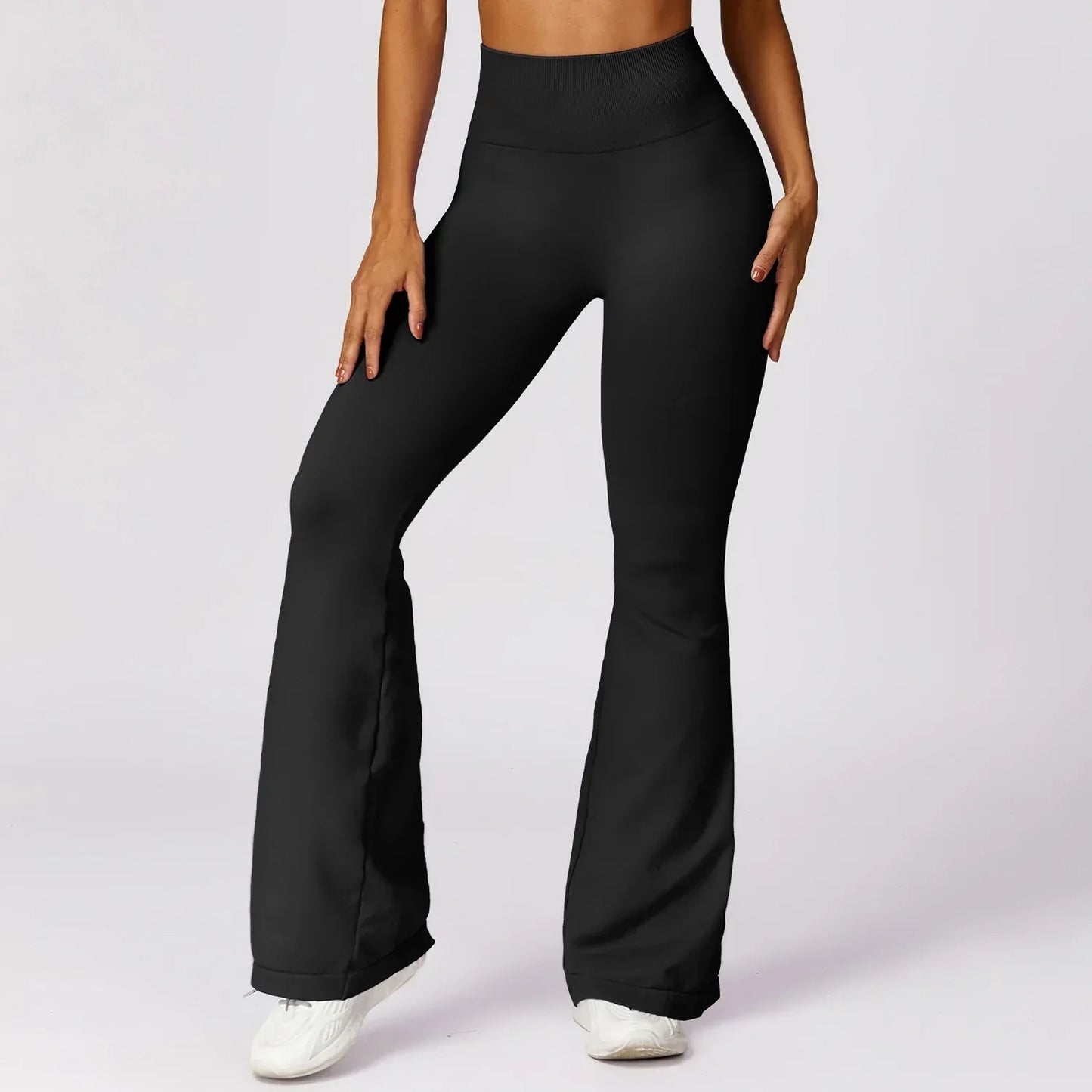 Damen schwarze Schlaghose, hoch tailliert, elastisch, für Fitness und Freizeit.