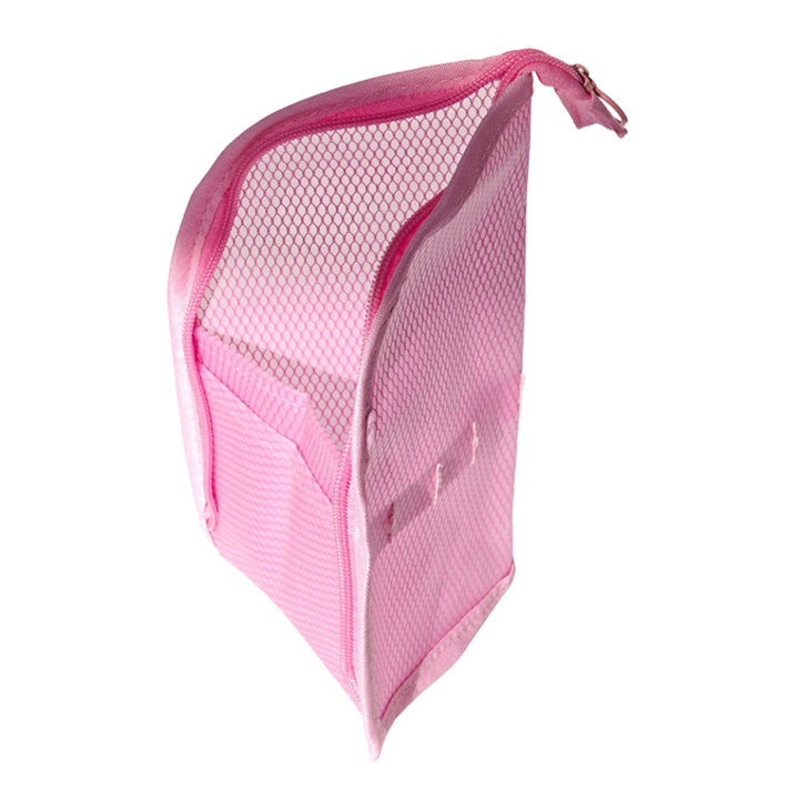 Rosa Netztasche mit geöffnetem Reißverschluss, von oben gesehen, mit sichtbaren Innenfächern und Schlaufen an der Innenseite. 9
