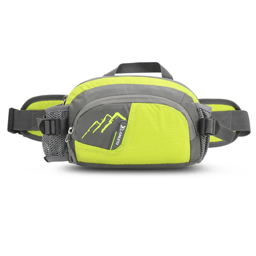 Grüne Gürteltasche für Outdoor-Aktivitäten, wasserdicht, mit mehreren Fächern und verstellbarem Gurt.