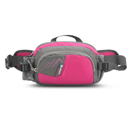 Rosa und graue Gürteltasche, Nylon, Outdoor, verstellbar, mit Reißverschluss und Mesh-Taschen.