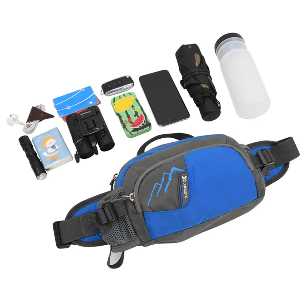 Blaue und graue Gürteltasche mit Zubehör, ideal für Outdoor-Aktivitäten und Reisen.