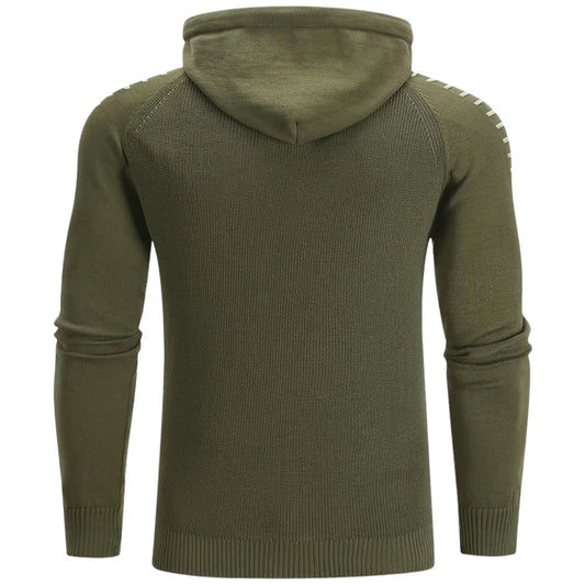 Olivgrüner Kapuzenpullover aus Baumwolle, Herrenmode, Rückansicht, Strickmuster, Langarm.