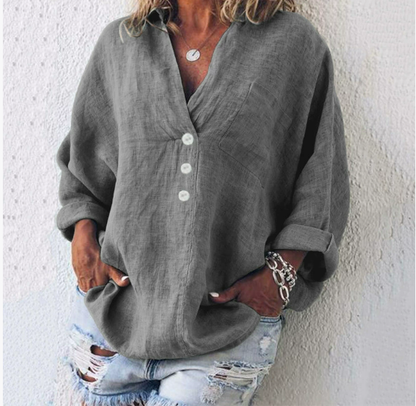 Luftige Damen Leinenbluse mit Knopfleiste und V-Ausschnitt – Elodie