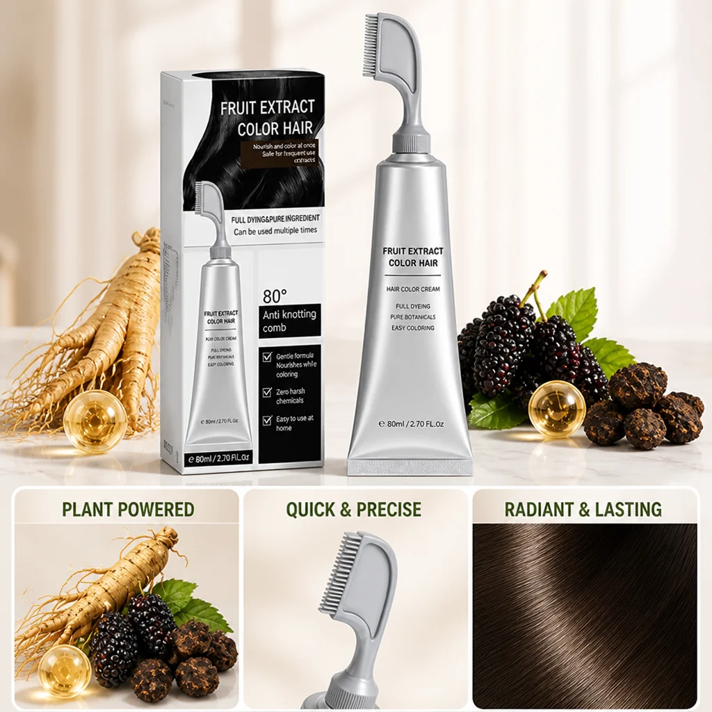 Verpackung und silberne Tube mit Kammaufsatz, umgeben von Ginsengwurzel, Brombeeren und Ölkapseln, darunter drei Detailfelder mit Kamm und glänzendem braunem Ha 3