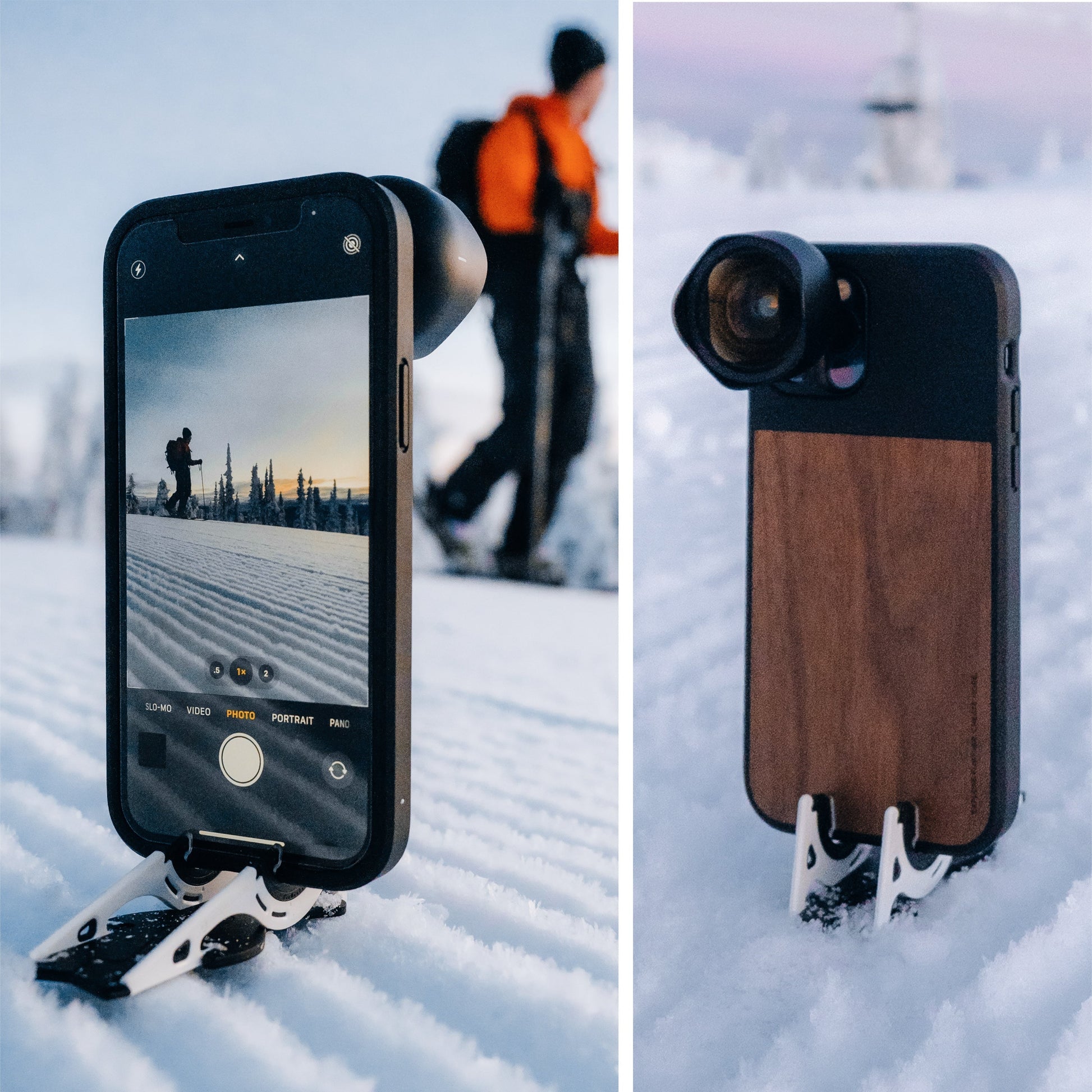 iPhone-Stativ mit Moment-Objektiv, Holzrückseite, Schnee, Berglandschaft, Fotografie-Zubehör.